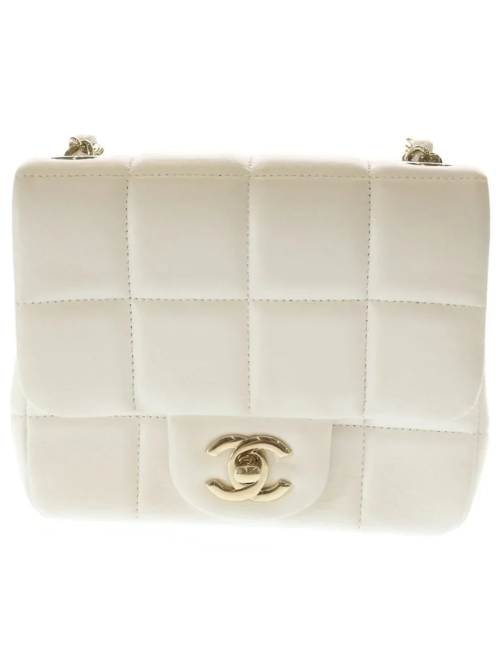 Chanel Choco Bar Mini Flap Lambskin Leather Chain Shoulder Bag Gold White